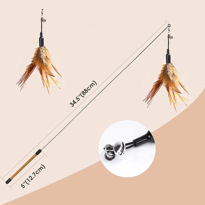 Feather Teaser Cat Toy - Interactive Wand with Extra Long 34.5" Wand and Small Bell, Fun Exerciser Playing Toy for Kittens or Cats, Brown Feather