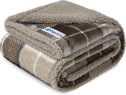 Waterproof Dog Blanket for Medium Large XL Dog Puppy Cat Throw for Couch Cover Leakproof Protection, Sherpa Fleece, Reversible Soft Washable 80X60 Plaid Taupe