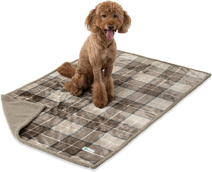 Waterproof Dog Blanket for Medium Large XL Dog Puppy Cat Throw for Couch Cover Leakproof Protection, Sherpa Fleece, Reversible Soft Washable 80X60 Plaid Taupe