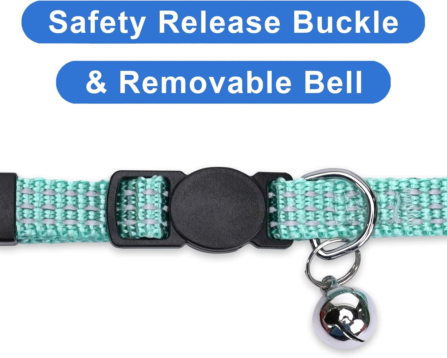 Reflective Teal Cat Collar with Safety Buckle and Removable Bell for Kitten and Cats