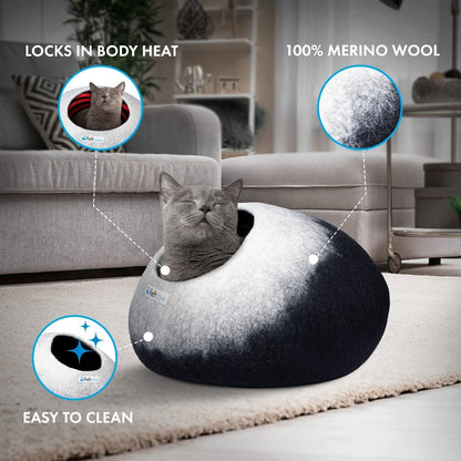 Medium Cat Cave Bed | Black & White | Cute and Cozy Cat Cave Handcrafted Merino Wool | Hideaway for Indoor Cats | Warming Nest for Kitty | Washable Wool Fabric - Gift for Pets