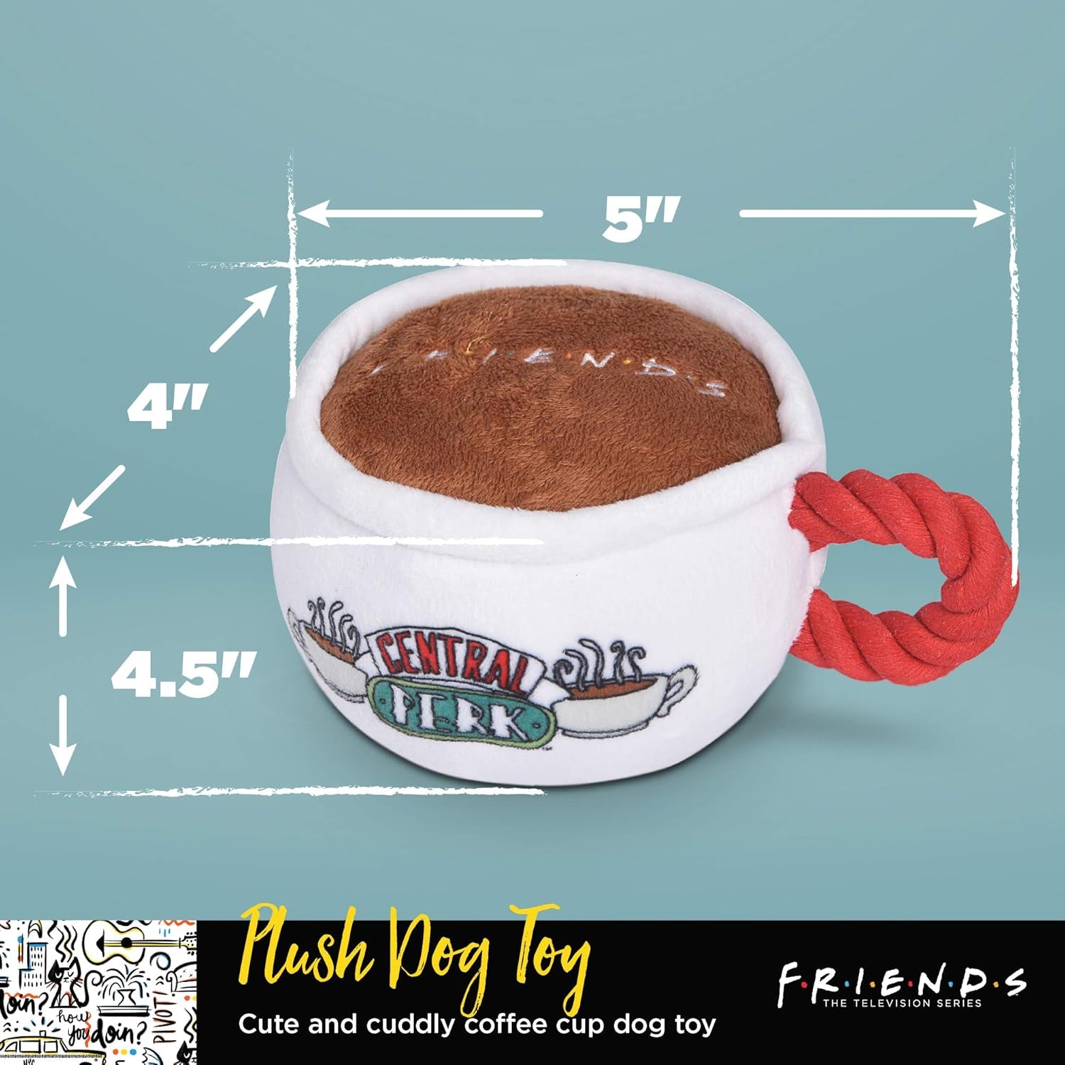 Central Perk Coffee Mug Plush Dog Toy with Rope Handle| Soft Cute Squeaky Toy for All Dogs | Stuffed Dog Toys with Squeaker Noise for Added Fun, Friends Memorabilia