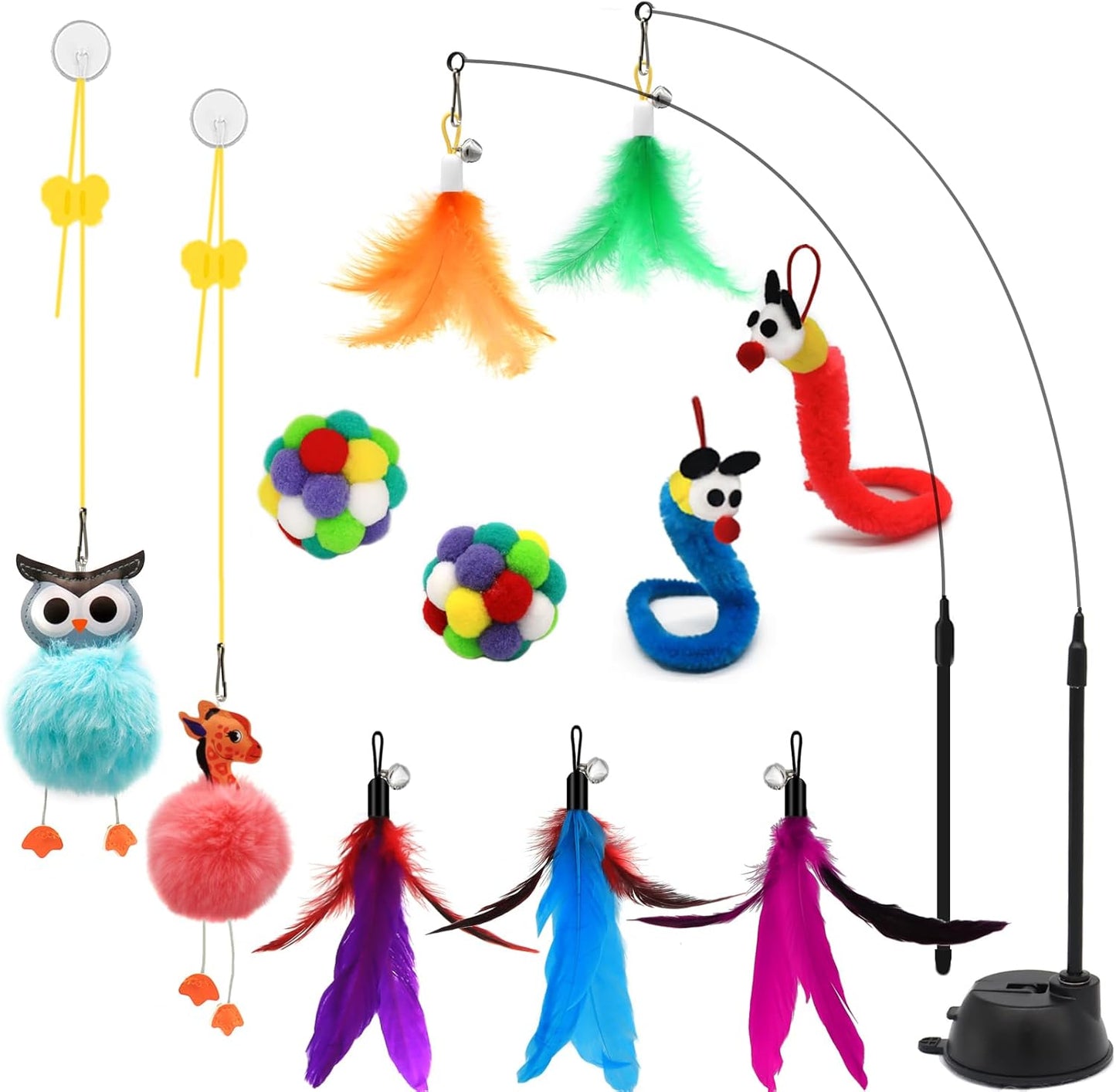 4-In-1 Interactive Cat Toys Set with Suction Cup Wand, Hanging Cat Toys, Fishing Pole Cat Wand & Kitten Balls- Includes Variety Replaceable Worms, Feathers for Indoor Bored Cats for Exercise
